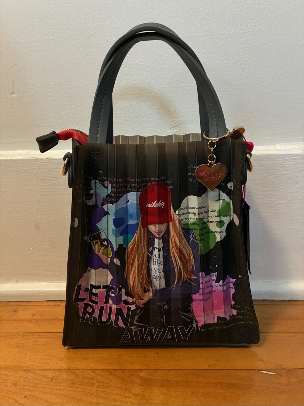 Nicole Lee Black Graphic Pleated Top-Handle Tote with Multicolor Print